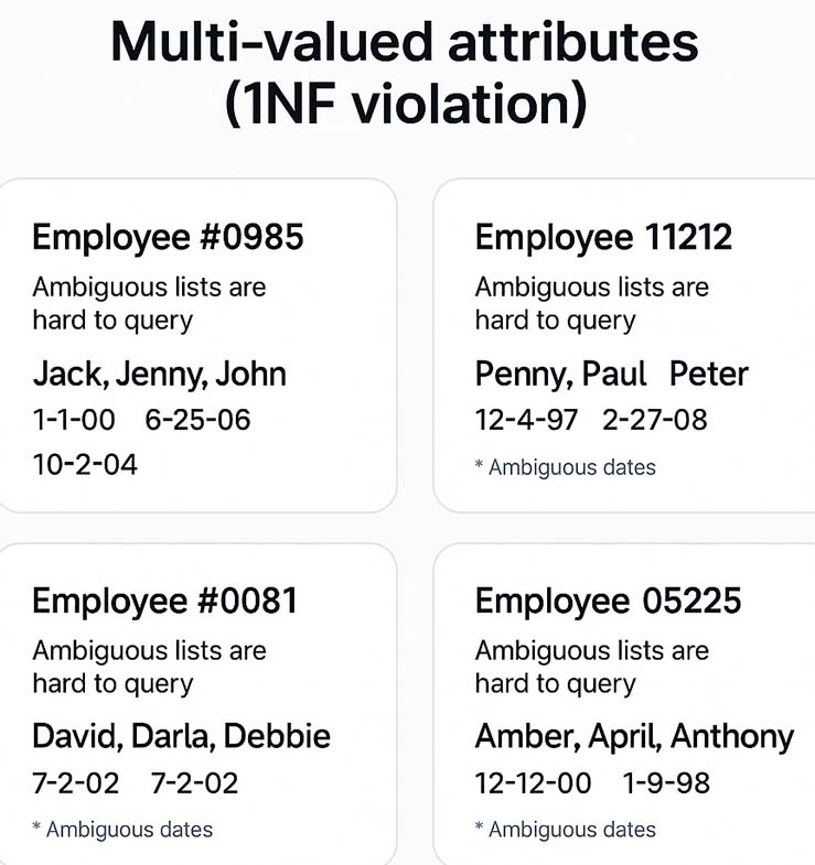 Multi-valued attributes (1NF violation): four employee examples with comma-separated child names and short dates, illustrating why list-in-a-column is ambiguous and hard to query.