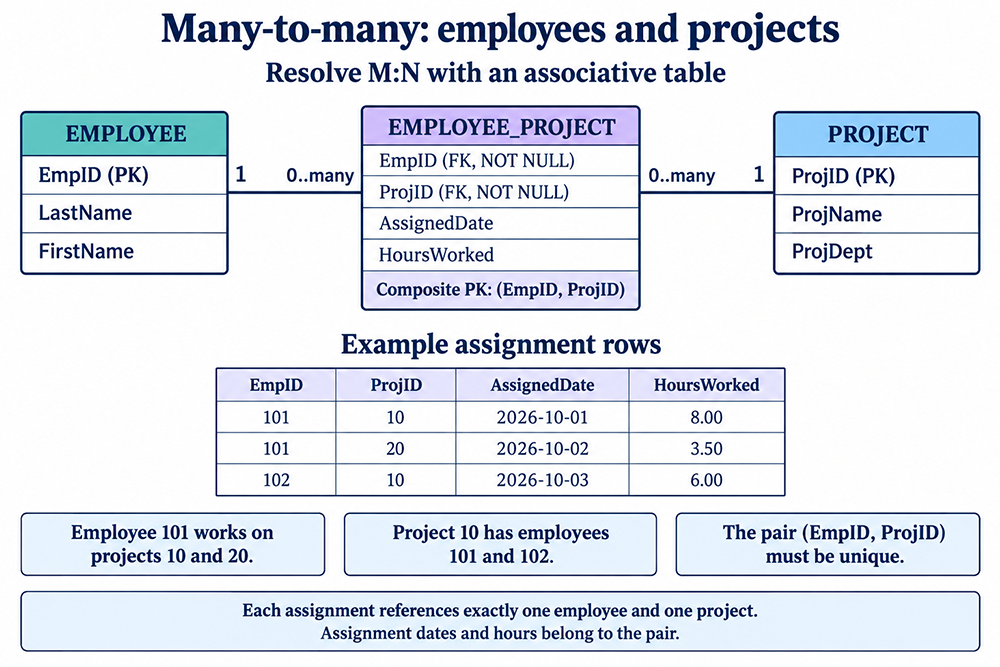 EMPLOYEE and PROJECT connect through EMPLOYEE_PROJECT. EmpID and ProjID form one composite primary key and reference their parent tables. Example assignments are employee 101 to projects 10 and 20, and employee 102 to project 10.