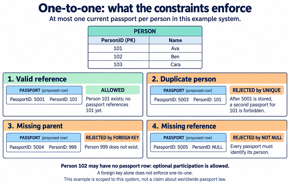 Person rows 101 Ava and 103 Cara map to passport rows 5001 and 5002 through PersonID. Person 102 Ben has no passport row, which is allowed.