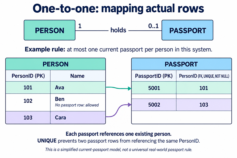 Constraint outcomes: a valid passport reference is allowed; a duplicate PersonID is rejected by UNIQUE; PersonID 999 by the foreign key; and a null PersonID by NOT NULL.