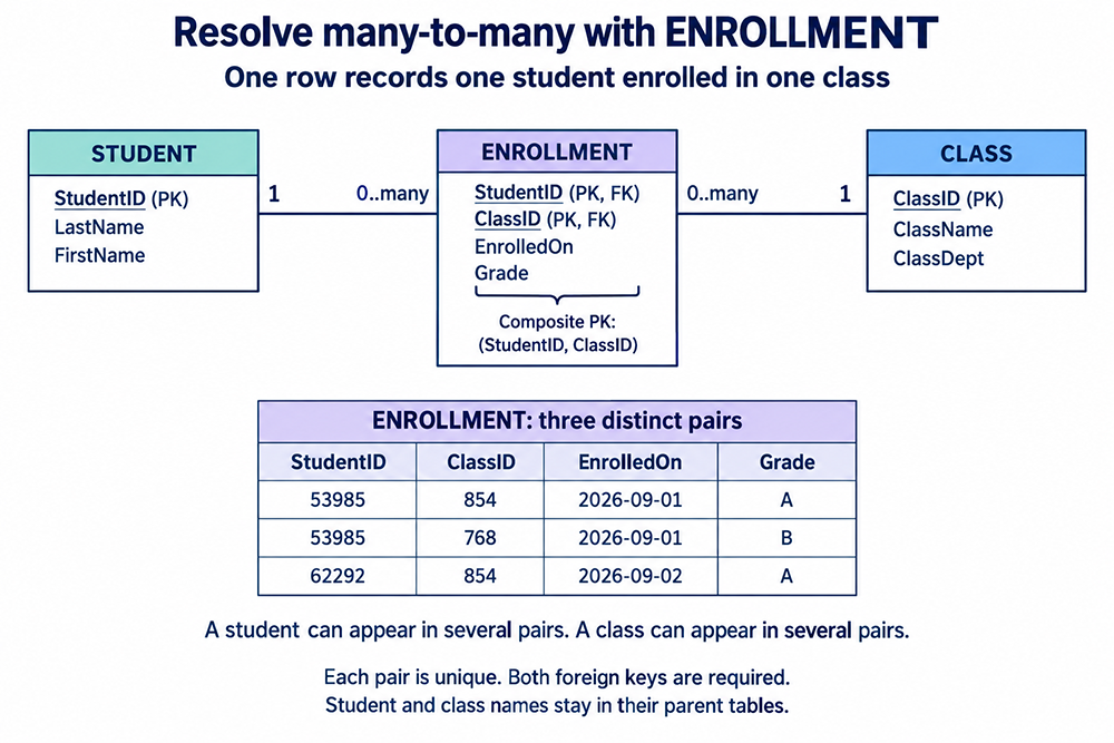 Student and Class each have a one-to-many relationship with Enrollment. Enrollment has the composite primary key StudentID and ClassID, two required foreign keys, EnrolledOn and Grade. Example pairs show one student in two classes and one class with two students.