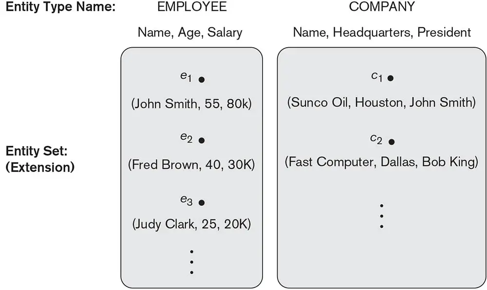 Two entity types, EMPLOYEE and COMPANY, and some member entities of each.