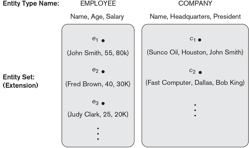 Two entity types, EMPLOYEE and COMPANY, and some member entities of each.