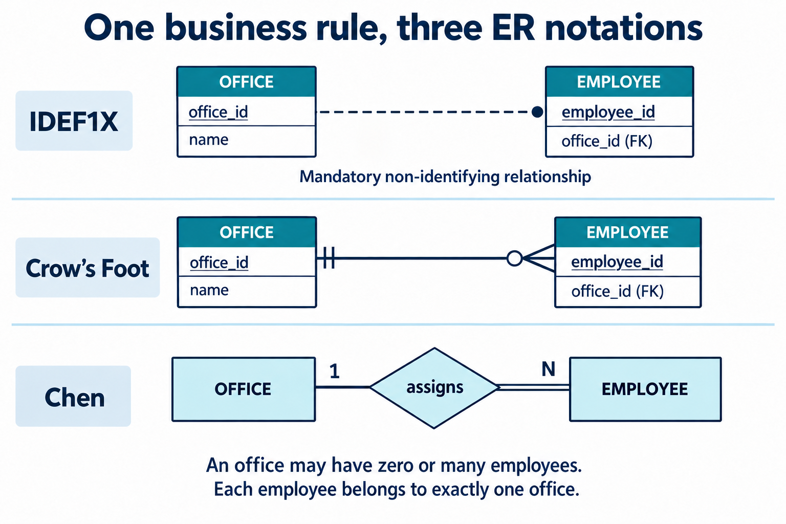 Same office–employee rule in IDEF1X, Crow’s Foot, and Chen: zero or many employees per office, exactly one office per employee.