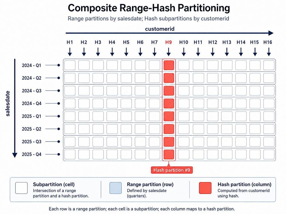 Composite range-hash partitioning diagram showing eight range partitions by salesdate, each subdivided into sixteen hash subpartitions by customerid