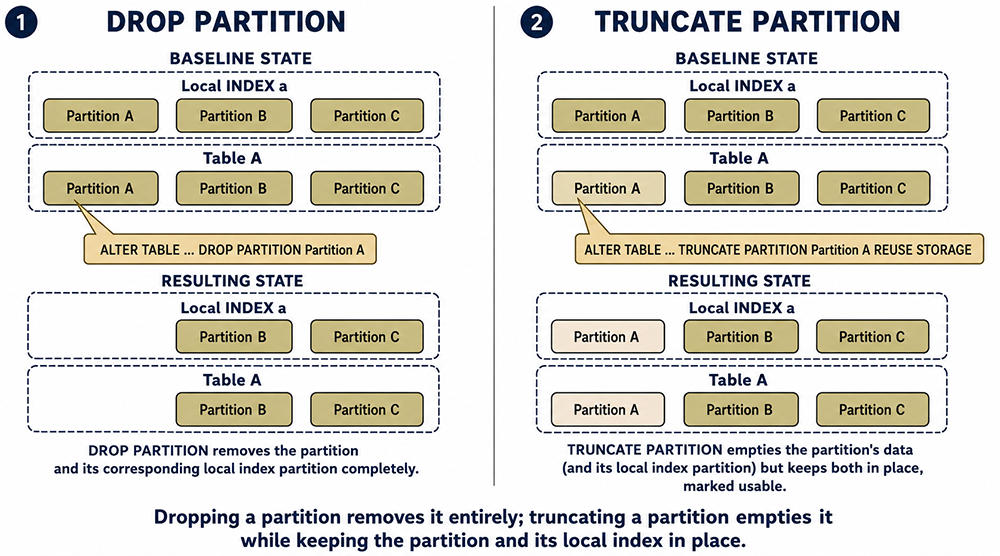 Two diagrams comparing DROP PARTITION, which removes a partition and its local index entirely, with TRUNCATE PARTITION, which empties both but keeps them in place