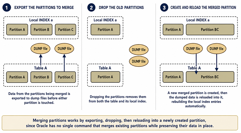 Three diagrams showing how to merge Oracle table partitions: exporting data, dropping the old partitions, and reloading into a newly created merged partition