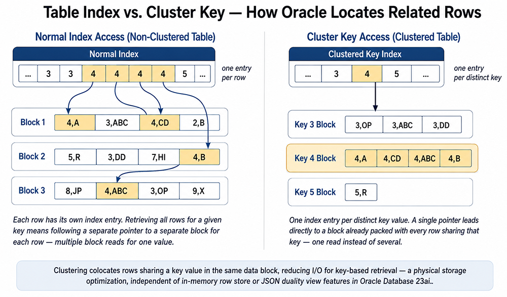 Side-by-side comparison of a normal table index and a clustered key index in Oracle: on the left, the index has one entry per row and points to scattered data blocks; on the right, the clustered key index has one entry per distinct value and points directly to a single data block holding all matching rows