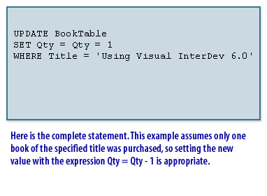 This example assumes only one book of the specified title was purchased, so setting the new value with the expression Qty = Qty -1 is appropriate.