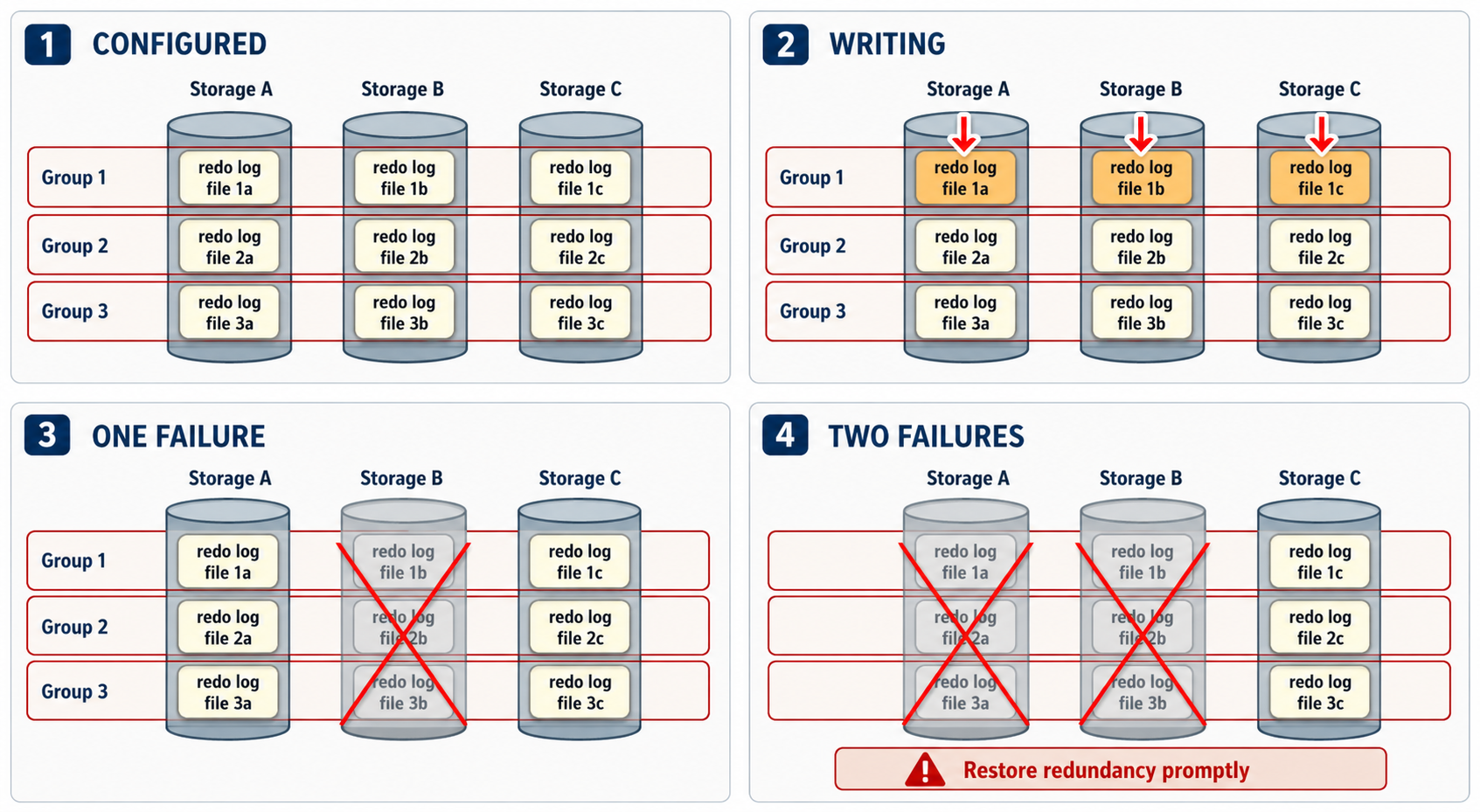 Four-stage Oracle Database 23ai diagram showing three multiplexed online redo log groups, each with identical members distributed across three independent storage devices, continuing to write as one and then two devices fail.