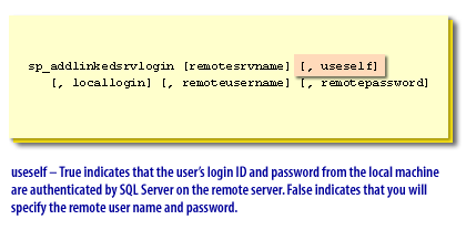 useself - True indicates that the user's login ID and password from the local machine are authenticated by SQL Server on the remote server.