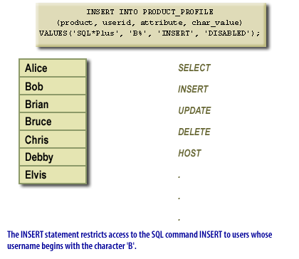 The INSERT statement restricts access to the SQL command INSERT to users whose username begins with the character 'B'