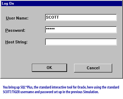 1) You bring up SQL Plus, the standard interactive tool for Oracle, here using the standard SCOTT/TIGER username and password