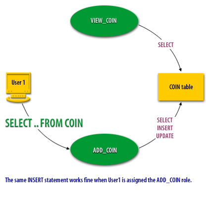 The same INSERT statement works fine when User 1 is assigned the ADD_COIN role