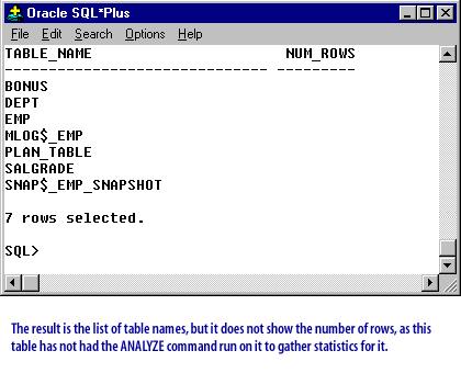 3) The result is the list of table names, but it does not show the number of rows, as this table has not had the ANALYZE command run on it to gather statistics.