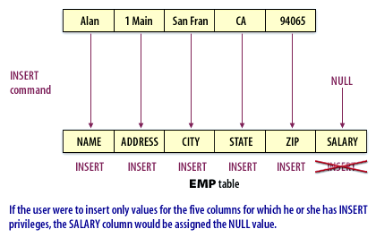4) If the user were to insert only values for the five columns for which he or she has INSERT privileges, the SALARY column would be assigned the NULL value