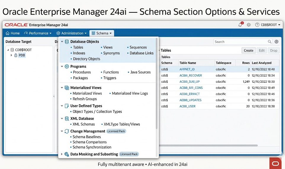 Oracle Enterprise Manager 24ai schema section showing database objects, programs, materialized views, user-defined types, XML database options, change management, and data masking options