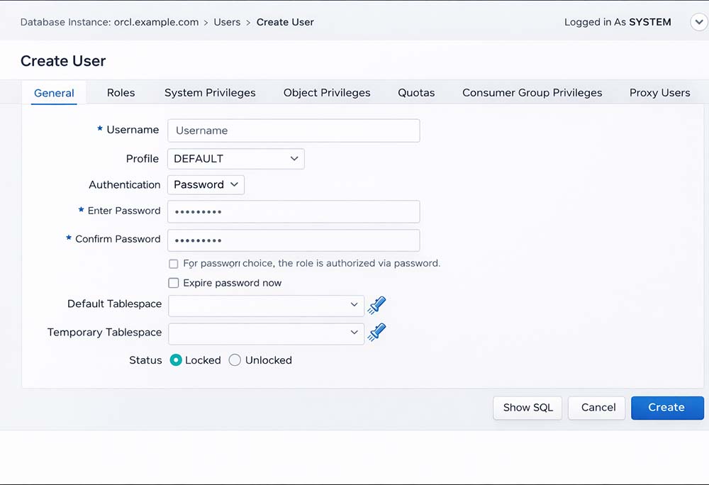 Oracle 23ai Create User interface showing username, profile, authentication, password, tablespace, and account status options