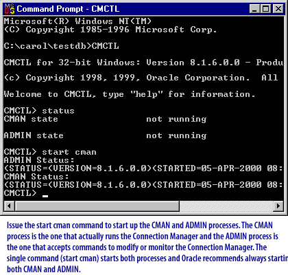 3) Issue the start cman command to start up the CMAN and ADMIN processes. The CMAN process is the one that actually runs the Connection Manager and the ADMIN process is the one that accepts commands to modify or monitor the Connection Manager