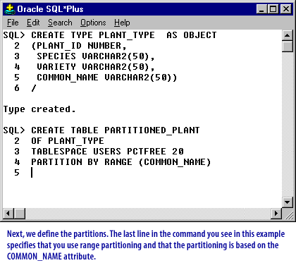 4) We define the partitions. The last line in the command you see in this example specifies that you use range partitioning and the partitioning is based on the COMMON_NAME attribute.