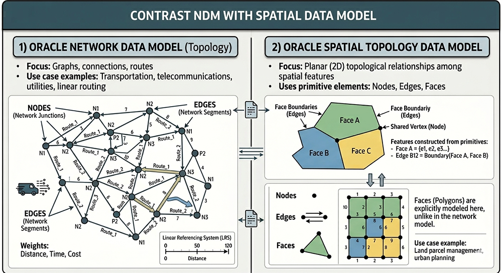 Contrast NDM with Spatial Data Model: Oracle Network Data Model focuses on graphs,
   connections, and routes with nodes as network junctions and edges as network segments
   weighted by distance, time, and cost; Oracle Spatial Topology Data Model focuses on
   planar 2D topological relationships using nodes, edges, and faces as primitive elements
   for land parcel management and urban planning