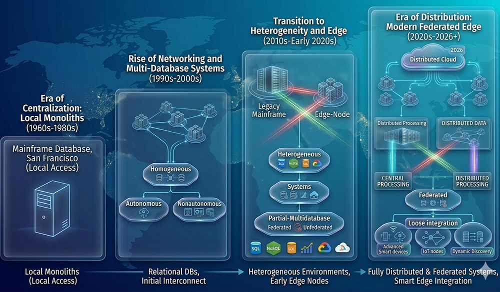 Database evolution across four generations: Era of Centralization local monoliths 1960s-1980s,
   Rise of Networking and Multi-Database Systems 1990s-2000s, Transition to Heterogeneity and Edge
   2010s-Early 2020s, Era of Distribution Modern Federated Edge 2020s-2026 plus