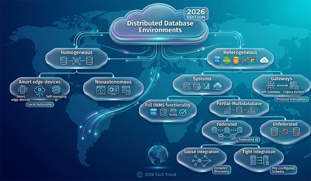 Distributed Database Environments taxonomy 2026 — Homogeneous and Heterogeneous branches
   covering Smart edge-devices, Nonautonomous, Full DBMS functionality, Partial-Multidatabase,
   Federated, Unfederated, Loose integration, and Tight integration