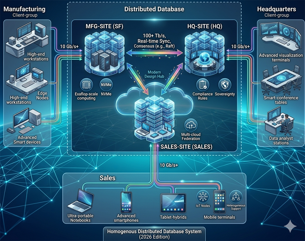 Homogeneous Distributed Database System 2026 Edition: MFG-SITE San Francisco, HQ-SITE
   Headquarters, and SALES-SITE connected through a Modern Design Hub cloud with 100+ Tb/s
   real-time sync using Raft consensus, 10 Gb/s plus client connections, Exaflop-scale NVMe
   computing, Compliance Rules, Sovereignty, and Multi-cloud Federation