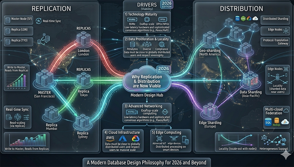 Replication and Distribution as viable database design elements 2026: Master-Replica replication
   with San Francisco master and London, Tokyo, Mumbai, Sydney replicas on the left; five viability
   drivers in the center hub; geo-sharding and edge distribution across North America, Asia-Pacific,
   and Europe on the right