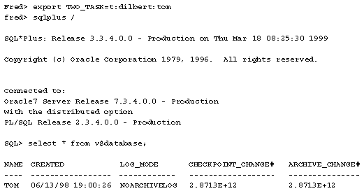 make a connection from a server named fred to a server named dilbert,  and then connect to a database named tom using TCP/IP