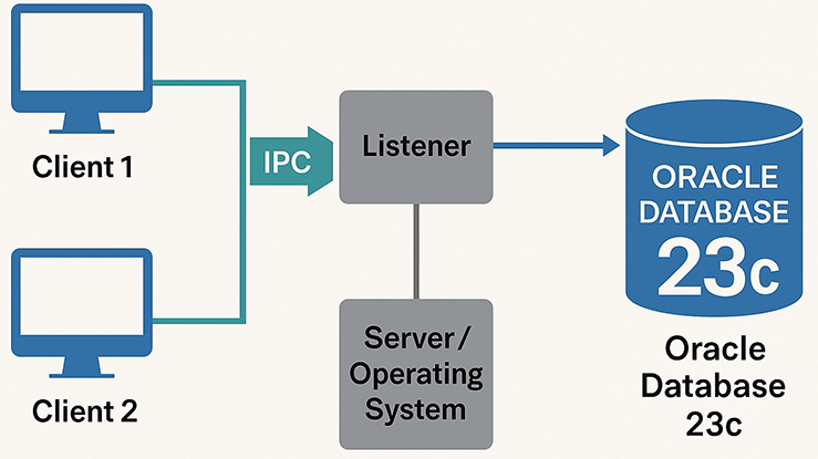 The diagram visually represents how clients connect to an Oracle 23c database using modern protocols: