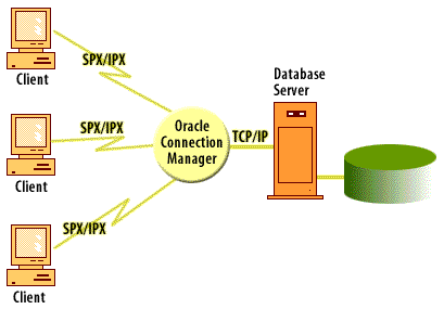 Three clients accessing an Oracle database server using Oracle Connection Manager.