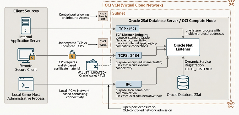Oracle 23ai listener architecture on OCI showing one Oracle Net listener with TCP, TCPS, and IPC endpoints on the same compute node.