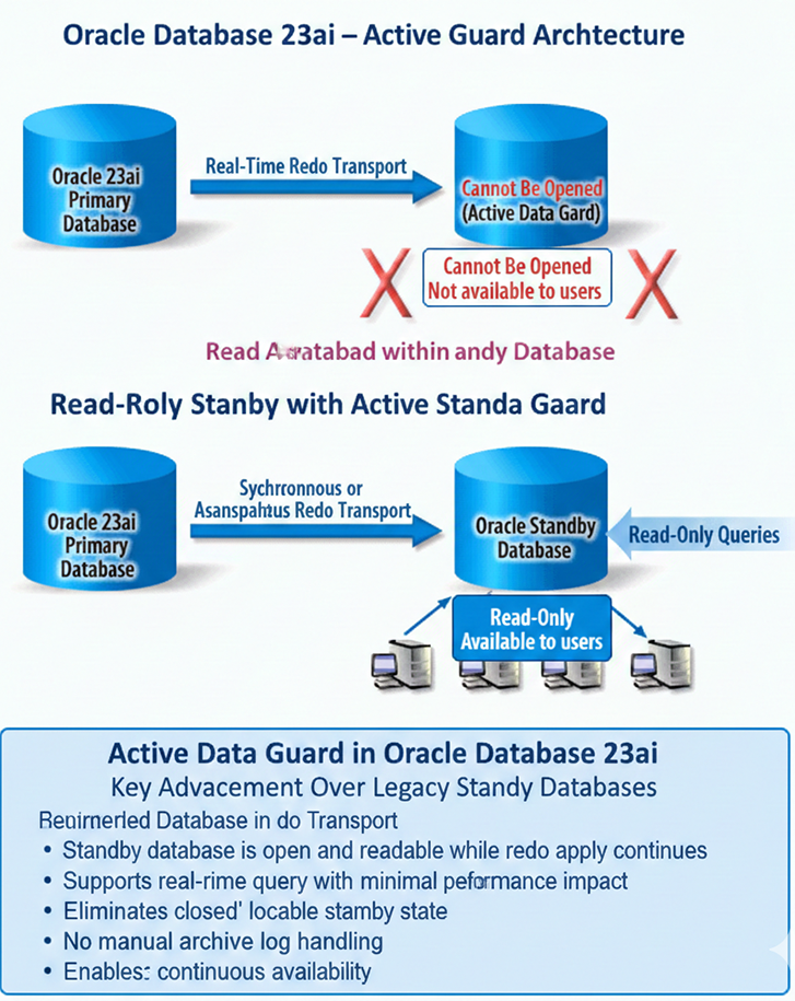 Oracle 23ai Active Data Guard showing read-only standby with real-time apply