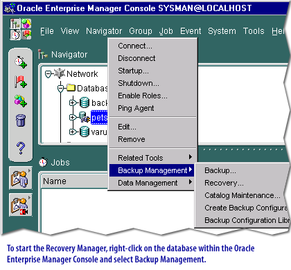 1) To start the Recovery Manager , right click on the database within the Oracle Enterprise manager Console and select Backup Management