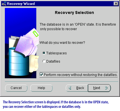 3) The Recovery Selection screen is displayed. If the database is in  the OPEN state, you can recover either of the tablespaces or datafiles only.