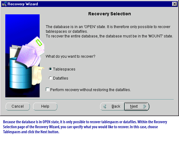 1) Because the database is in OPEN state, it is only possible to recover tablespaces or datafiles