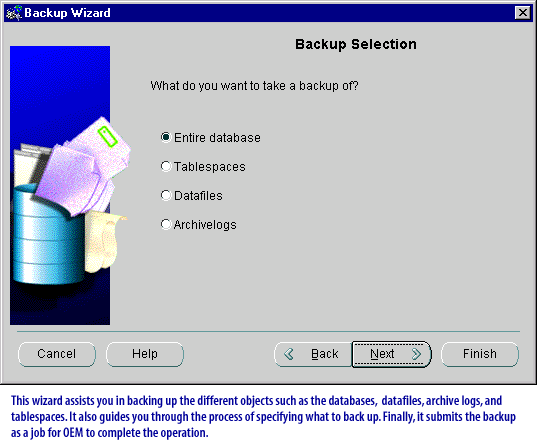 This wizard assists you in backing up the different objects such as the databases, datafiles, archive logs and tablespace, It also guides you through the process of specifying what to back up. Finally, it submits the backup as a job for OEM to complete the operation.