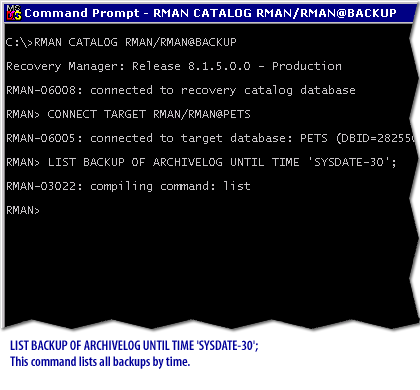 10) LIST BACKUP OF ARCHIVELOG UNITL TIME SYSDATE-30