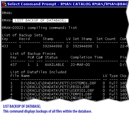 3) LIST BACKUP OF DATABASE; This command displays backups of all files within the database.