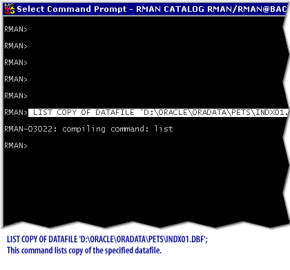 4) LIST COPY OF DATAFILE D:\ORACLE\ORADATA\PETS\INDX01.DBF; This command lists copy of the specified datafile.