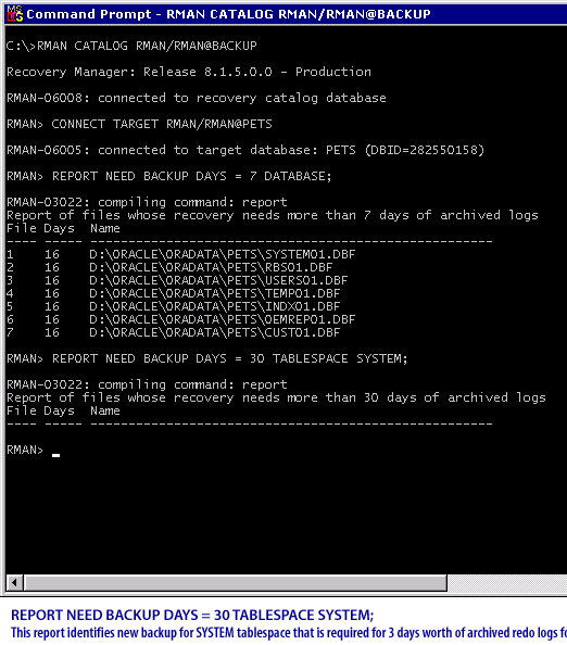 REPORT NEED BACKUP DAYS = 30 TABLESPACE SYSTEM