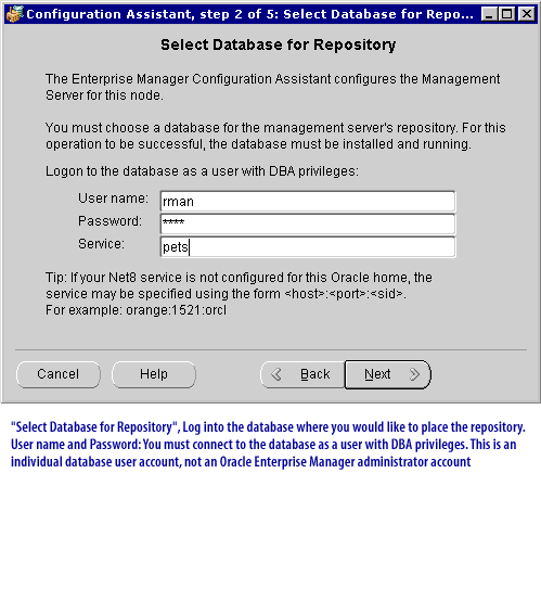 2) Select Database for Repository, log into the database where you would like to place the repository. 