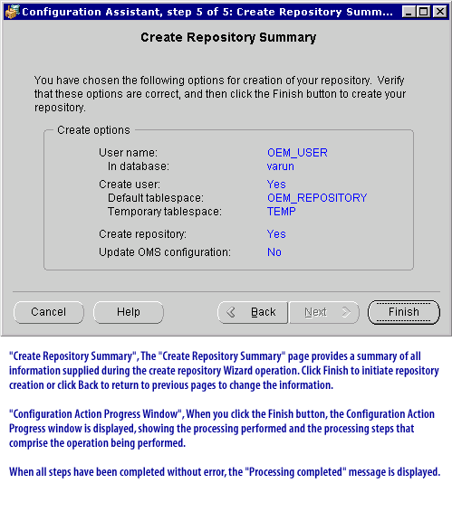 5) Create Repository Summary", The "Create Repository Summary" page provides a summary of all information supplied during the create repository Wizard operation