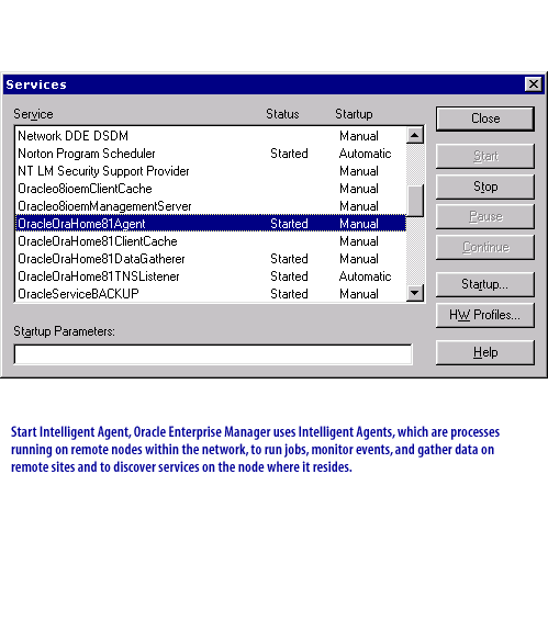 6) Start Intelligent Agent, Oracle Enterprise Manager uses Intelligent Agents, which are processes running on remote nodes within the network,