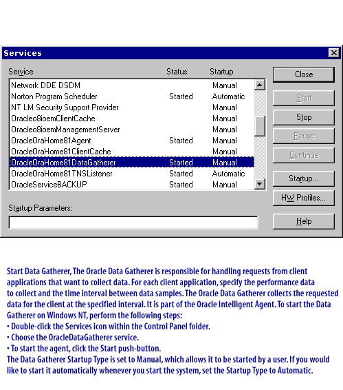 7) Start Data Gatherer, The Oracle Data Gatherer is responsible for handling requests from client applications that want to collect data.