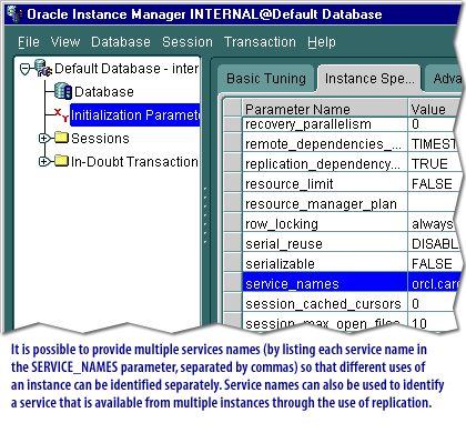 2) It is possible to provide multiple services names (by listing each service name in the SERVICE_NAMES parameters, separated by commas) so that different uses of an instance can be identified separately. Service names can also be used to identify a service that is available from multiple instances though the use of replication.