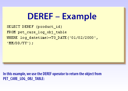 3) In this example, we use the DEREF operator to return the object from PET_CARE_LOG_OBJ_TABLE: