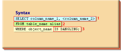 SELECT column_name_1, <column_name_2> FROM table_name alias WHERE object_name IS DANGLING;