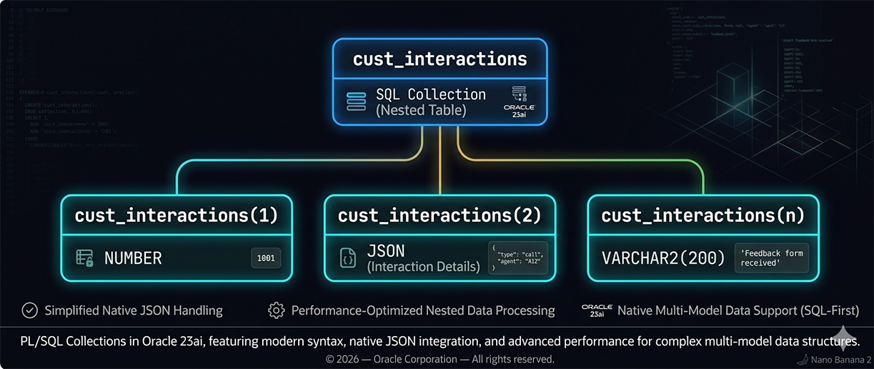 Inverted tree diagram showing cust_interactions SQL collection branching to three indexed elements — NUMBER, JSON, and VARCHAR2(200) — illustrating single-dimensional collection structure in Oracle 23ai